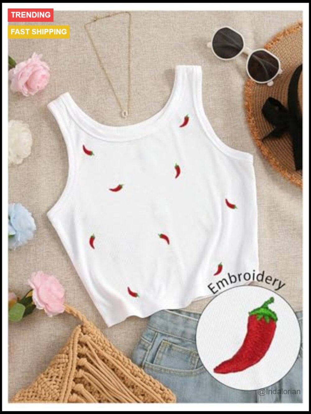 Embroidered Ribbed Crop Tank Top - Sleeveless Crewneck Summer Top - Picture 3 of 5